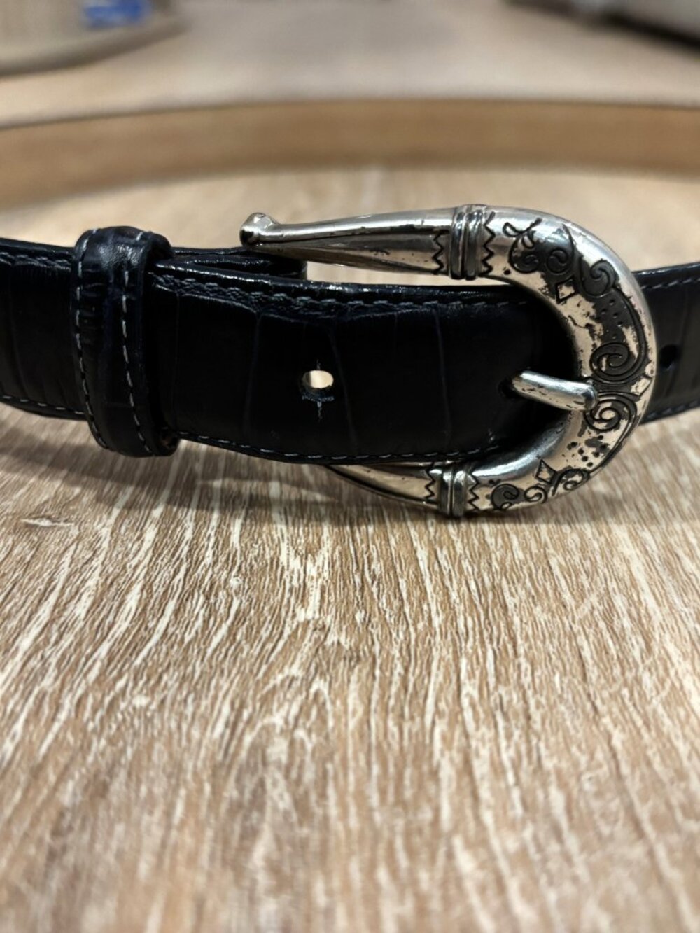 Brighton Black Croc Embossed Leather Belt, Silver Western Buckle, Size L 34